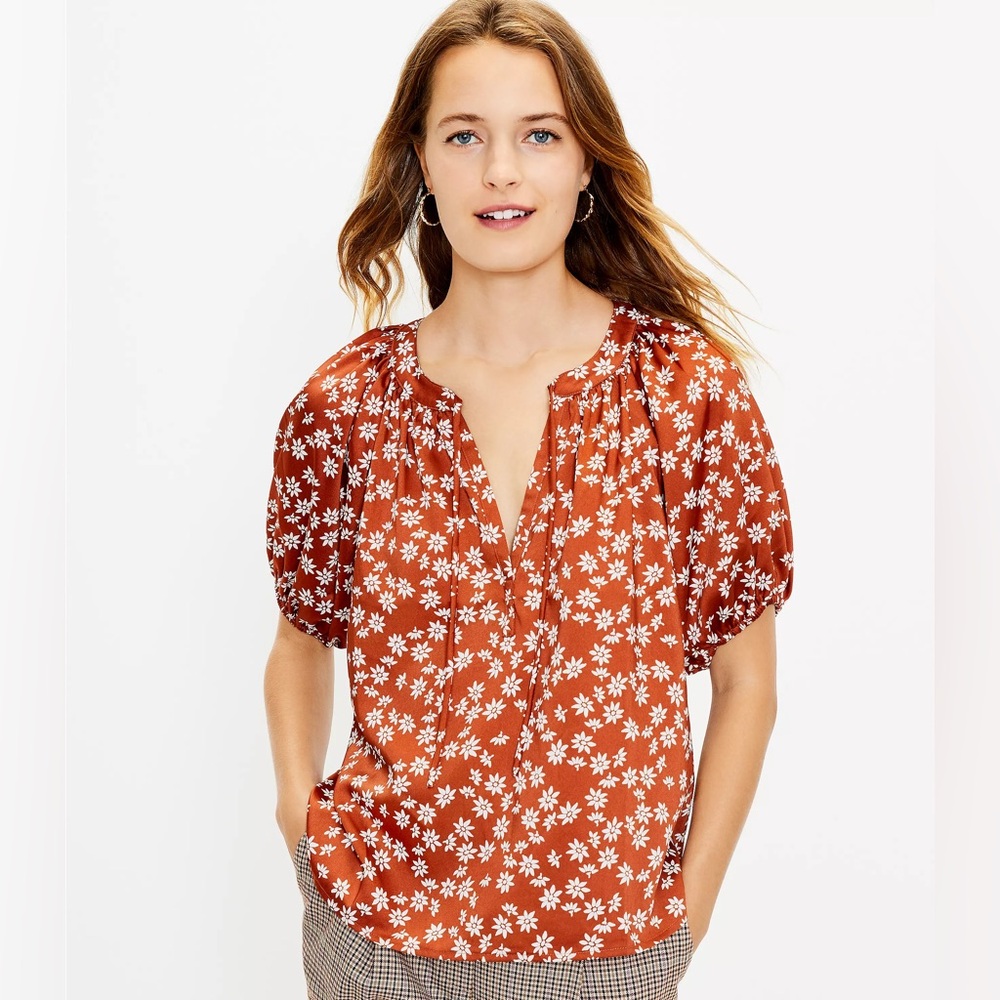 Loft Floral Tie Neck Puff Sleeve Top